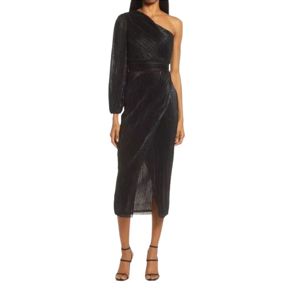 Saylor Alora One Shoulder Plisse Metallic Black Midi Dress SMALL
